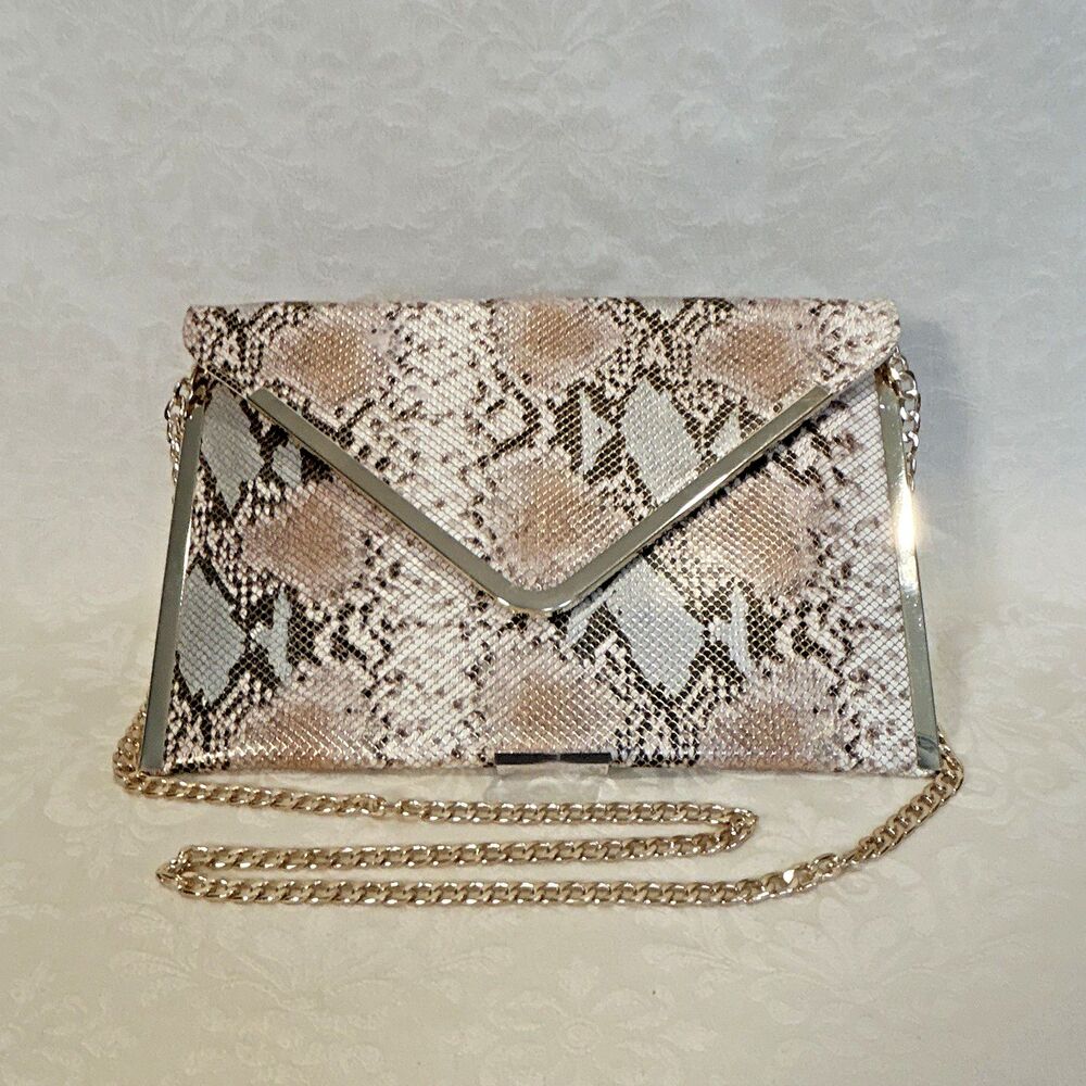 bebe Faux Snakeskin Envelope Clutch Bag, Python Print Crossbody Purse Gold Chain
